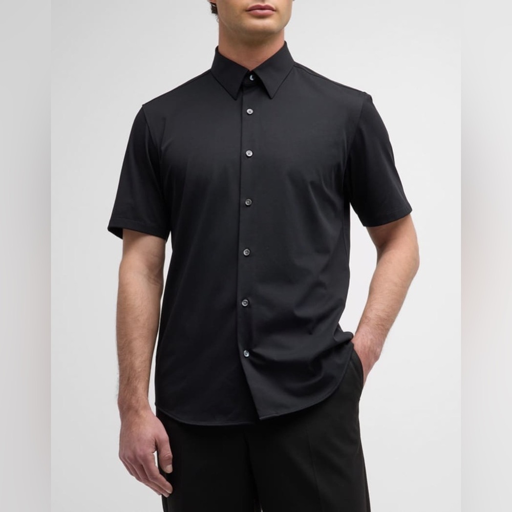 NWT Theory Men's Irving Short Sleeve Button Down Shirt in Structure Knit Black